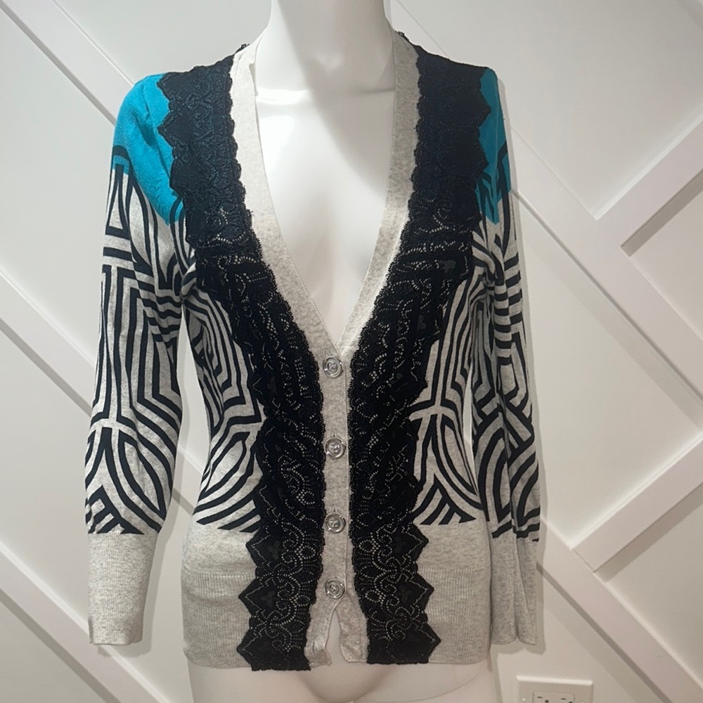 Anthropologie Charlotte Black and Teal Patterned Lace Cardigan